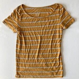 AEO Women's Mustard Yellow Striped Soft & Sexy Rib Short Sleeve T-Shirt Size XXS